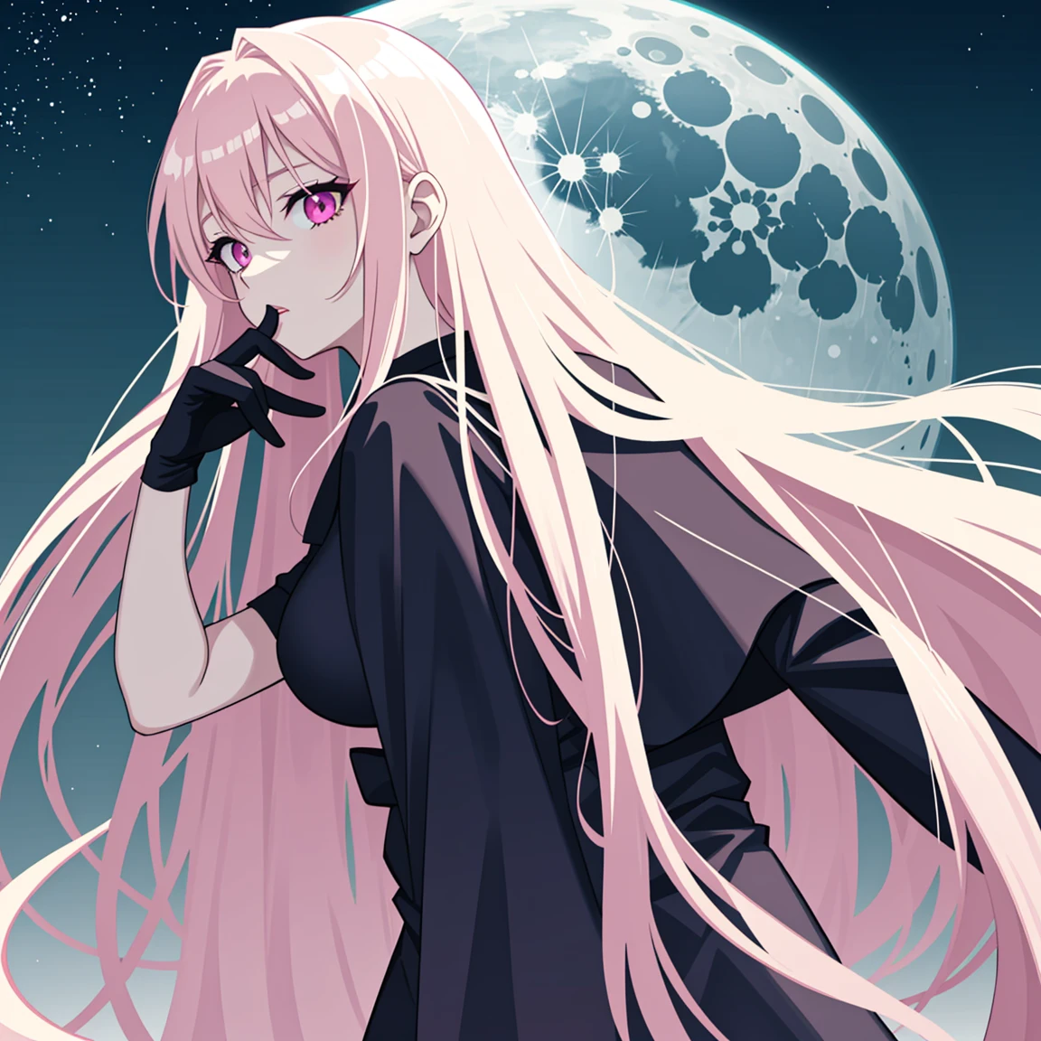 adult woman, pink eyes, long blonde hair, sexy black dress, moon, night