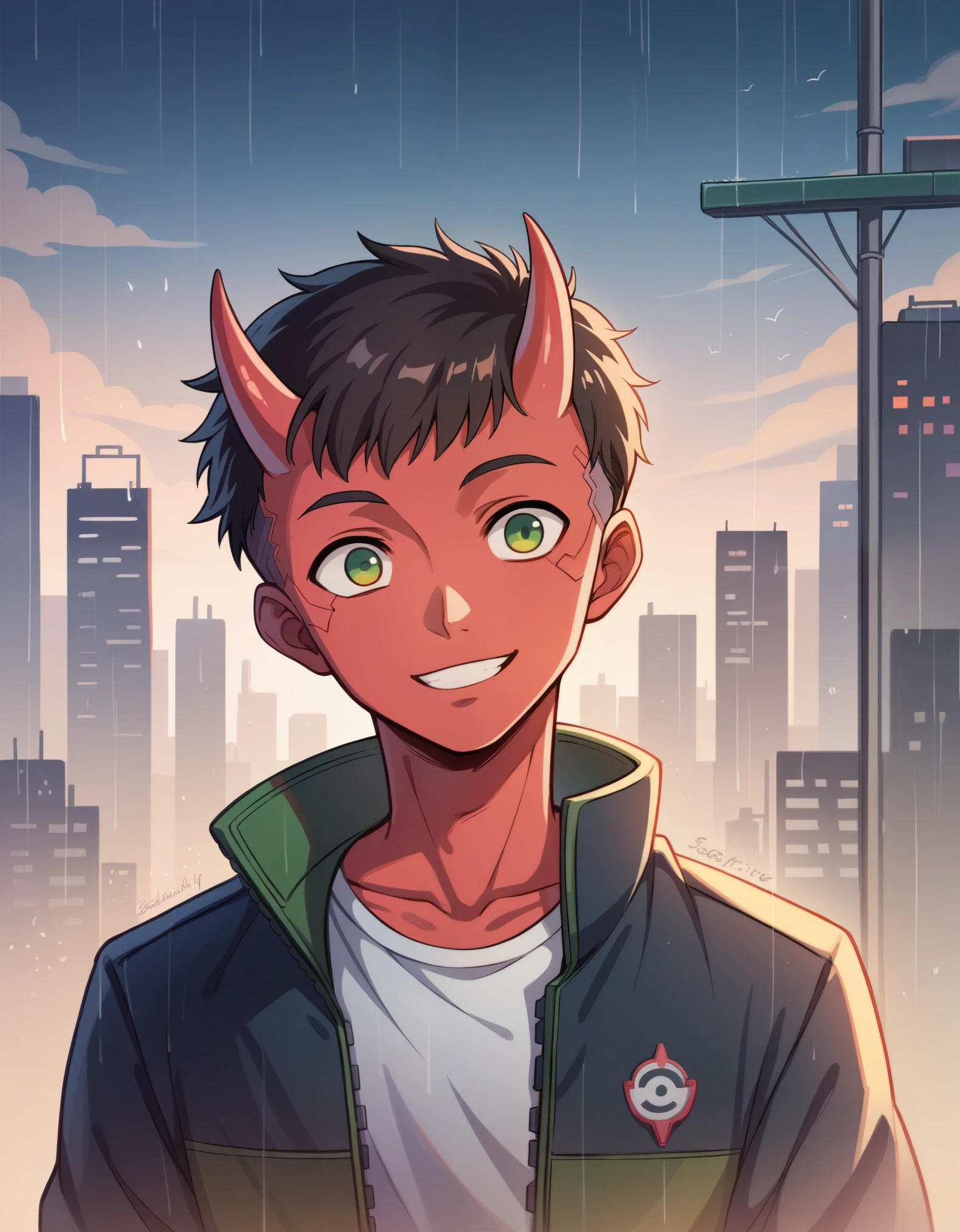 (masterpiece, beautiful, High resolution), figure, One boy, alone, (((Manga style: 1))), (Western cartoons), horned devil boy, Portraiture, smile, Black anime medium short hair, cute, Pink Lips, Red Eyes, Young people, Cyberpunk Streetwear, Rainy Sky, Cityscape, Red skin, View your viewers, Bright colors, Daytime, ((Positive: 3)), Mouth closed, Thick line drawing: 0.6, Red Eye, Green Eyes, Conceit, Narrow eyes