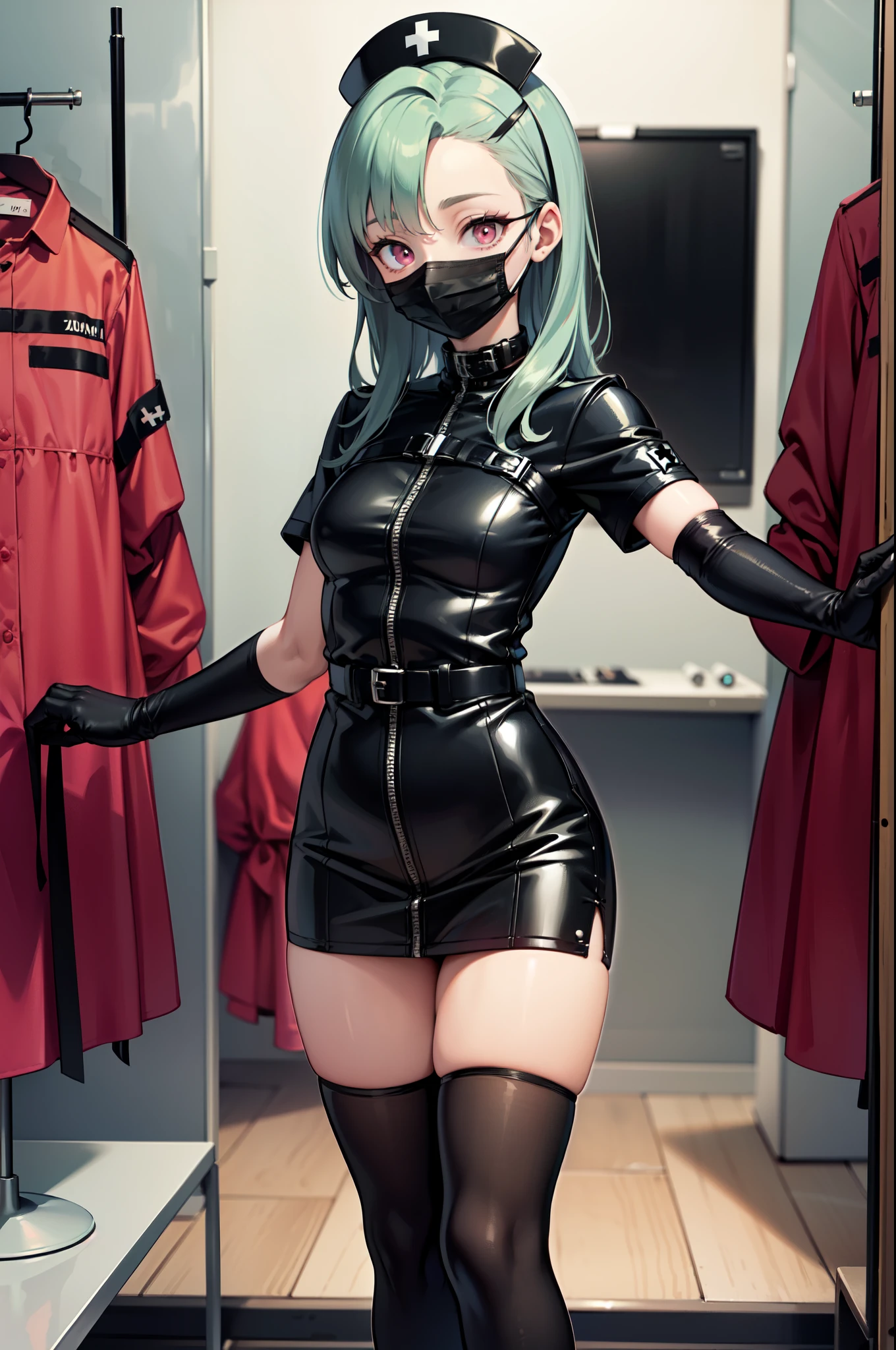 black nurse, 1woman, solo, black nurse cap, black nurse uniform, ((black legwear, zettai ryouiki)), black elbow gloves, forehead, long hair, green hair, pink eyes, ((black surgical mask, covered nose)), standing, ((surgery room)), sharp outline, short sleeves, mature female, 35 years old, best quality, masterpiece