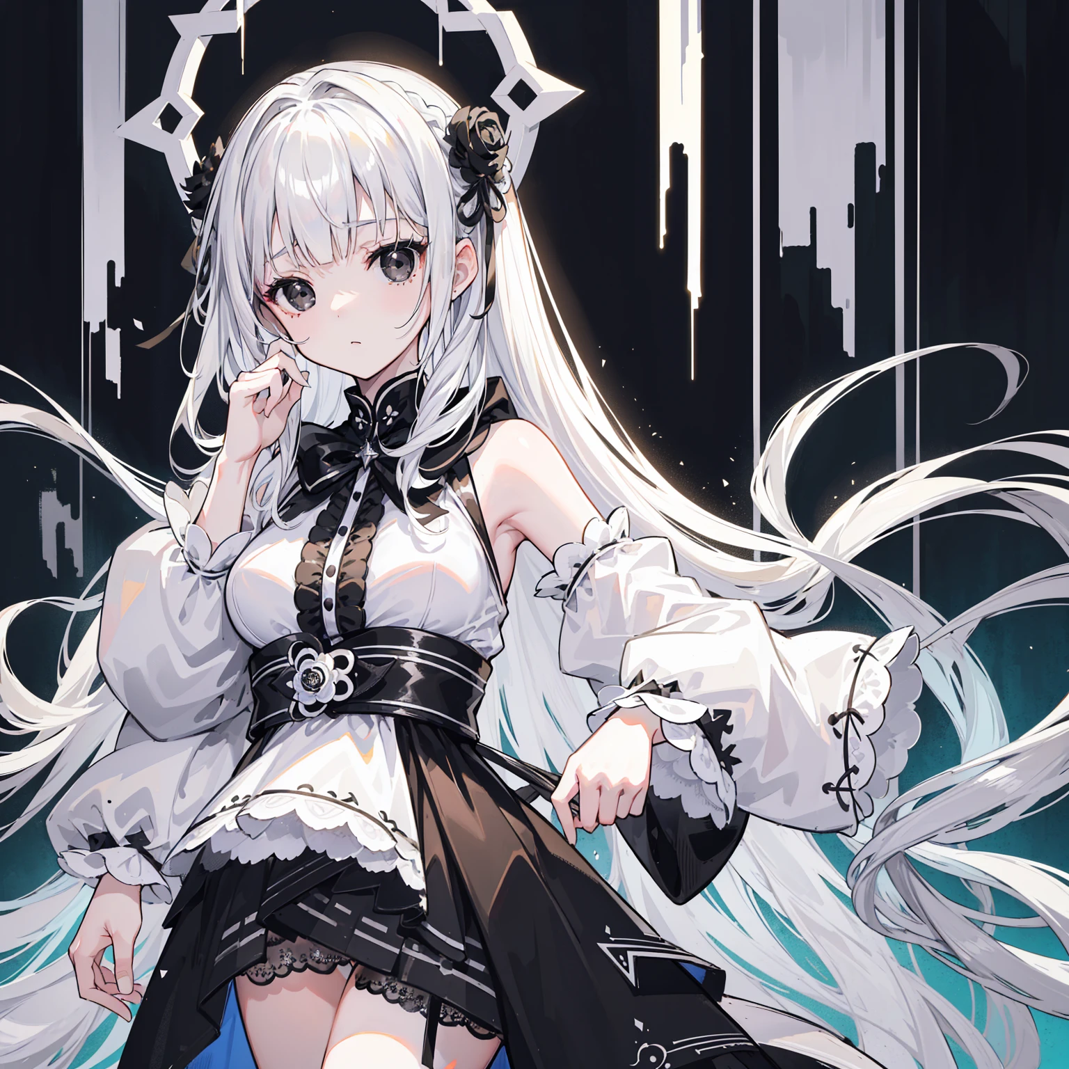 (Top image quality)、(Very detailed)、(Facing forward)、Top quality、masterpiece、(((1 名girl )))、girl、Silver Hair、White hair、((Long hair))、Weaving、(black eyes:1.6)、(White and black cheongsam)、Hooded dress、Lots of decorations、Lots of ribbons、White Ribbon、She looked grim.、Fluffy loose hair
