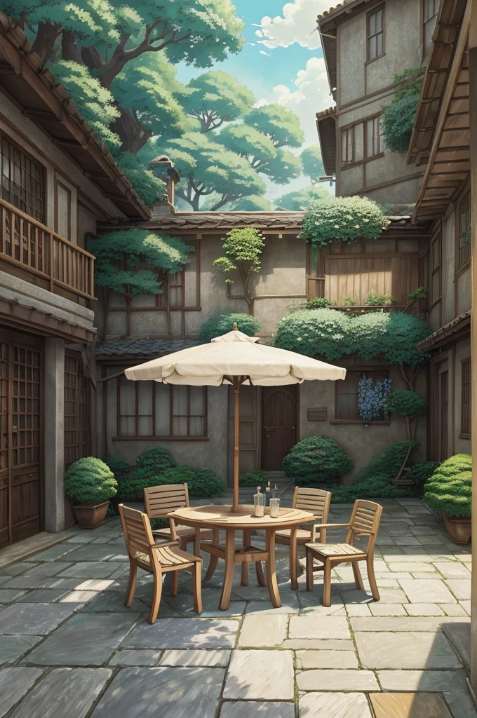 painting of a courtyard with a table and chairs and a bench, anime background art, relaxing concept art, anime scenery concept art, immensely detailed scene, a beautiful artwork illustration, detailed scenery —width 672, studio ghibli environment, highly detailed scene, environment design illustration, beautiful anime scene, ghibli studio style, anime scenery, detailed soft painting, environment painting