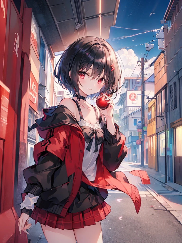 (masterpiece, highest quality, highest quality, (No text), Beautiful and aesthetic:1.2),No text,アニメ、BREAK,One Girl,Black Hair Girl short hair older sister choker Tree Eyes Beautiful eyes Red eyes cool smile Red and Black Black jacket mini skirt whole body In town