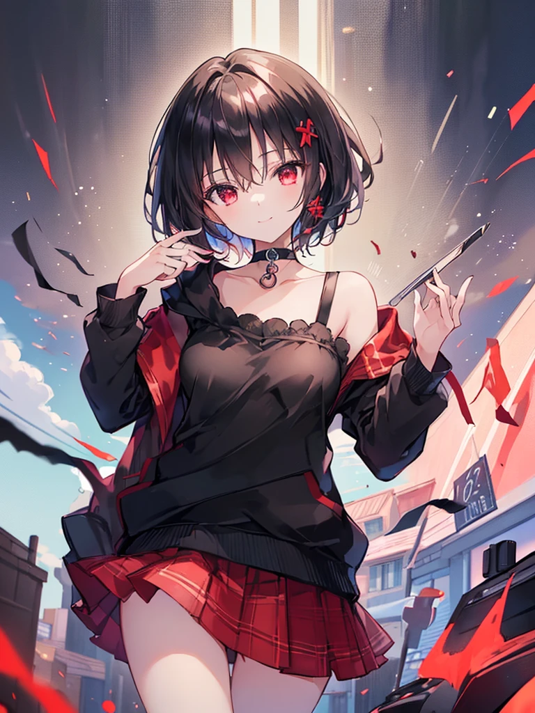 (masterpiece, highest quality, highest quality, (No text), Beautiful and aesthetic:1.2),No text,アニメ、BREAK,One Girl，Black Hair Girl　short hair　older sister　choker　Tree Eyes　Beautiful eyes　Red eyes　cool　smile　Red and Black　Black jacket　mini skirt　whole body　In town