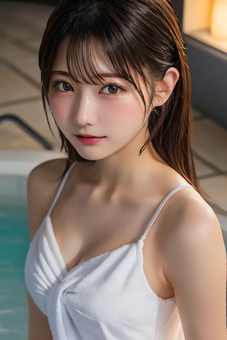 Highest quality, (beautiful)、Soak in the open-air bath、Cover yourself with a bath towel、Close-up、Soft 、night、Embarrassed、Bare shoulders、Outdoor、steam、Cross your arms、Shoot from above、Larger breasts、Shoulder strap removed