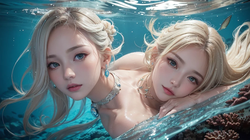 (Highest Quality Realistic Textured Skin),(terrible),(OK, round, Symmetrical eyes),Delicate facial features,(Burning bright cold eyes),(She has a mischievous smile),(Her face is kind and beautiful),Glass earrings in the ears,,(blonde),(Silvery white hair),(Chestnut Hair),(Swim at the bottom of the ocean),(Full body portrait:1.5),(Dramatic Photos:1.4),(Dramatic Pose),(Flashy photos)(look up),(Looking down),(Around her neck is a simple necklace made with exquisite craftsmanship.),Cluttered photos,(Hair flowing in water:1.5),(Underwater, Life at sea, 美しいCoral Reef, fish),(Background vortices and currents),(Dramatic Light),(Nice views),(美しいfishに囲まれて),遠くの背景にはCoral Reefに沈んだ寺院が見える,Coral Reef,Spectacular realism,Cinematic atmosphere,(High-density image review:1.5),(Soft colors:1.2),Very detailed,Dramatic Light,(Intricate details:1.1),Complex background,