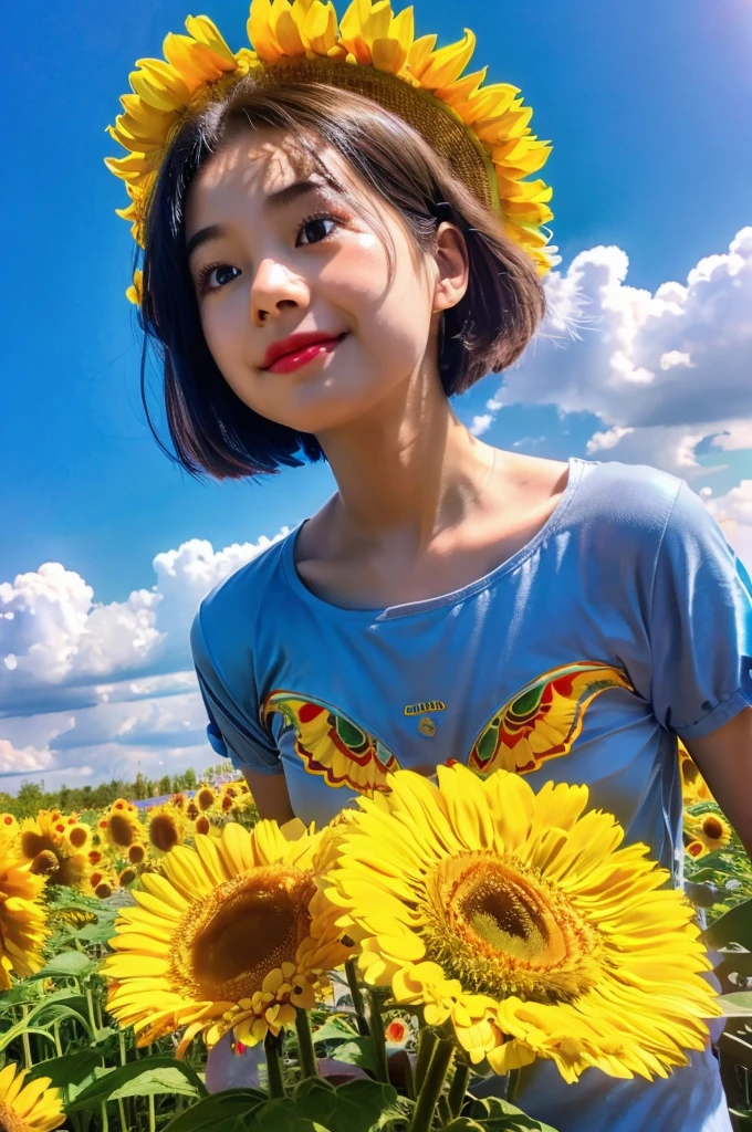 (Highest quality), (8K), (Highest quality), (live-action), (Realistic photos), Sunflower Garden, blue sky, Rainbow and sunshine shining.  