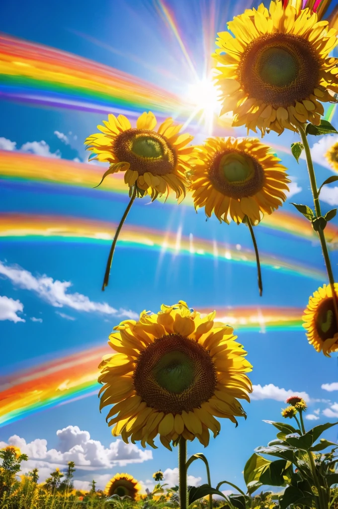 (Highest quality), (8K), (Highest quality), (live-action), (Realistic photos), Sunflower Garden, blue sky, Rainbow and sunshine shining.  