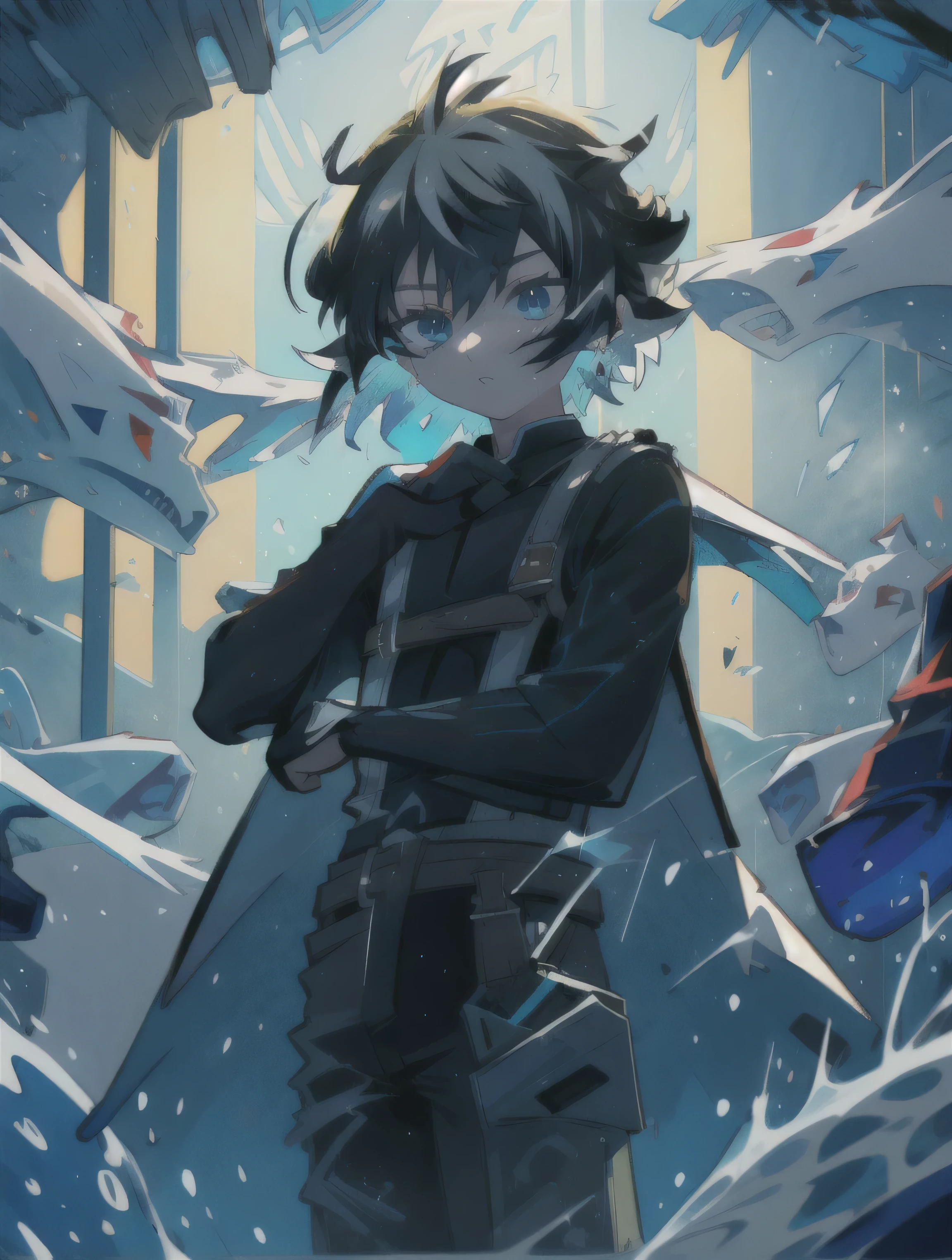 absurdres, uhd, 8k, best quality, beautiful painting, 1boy, ((solo)), alone, blue eyes, black hair, multicolored hair, two-tone hair, battle, (cool), active, additional lighting, cowboy shot,