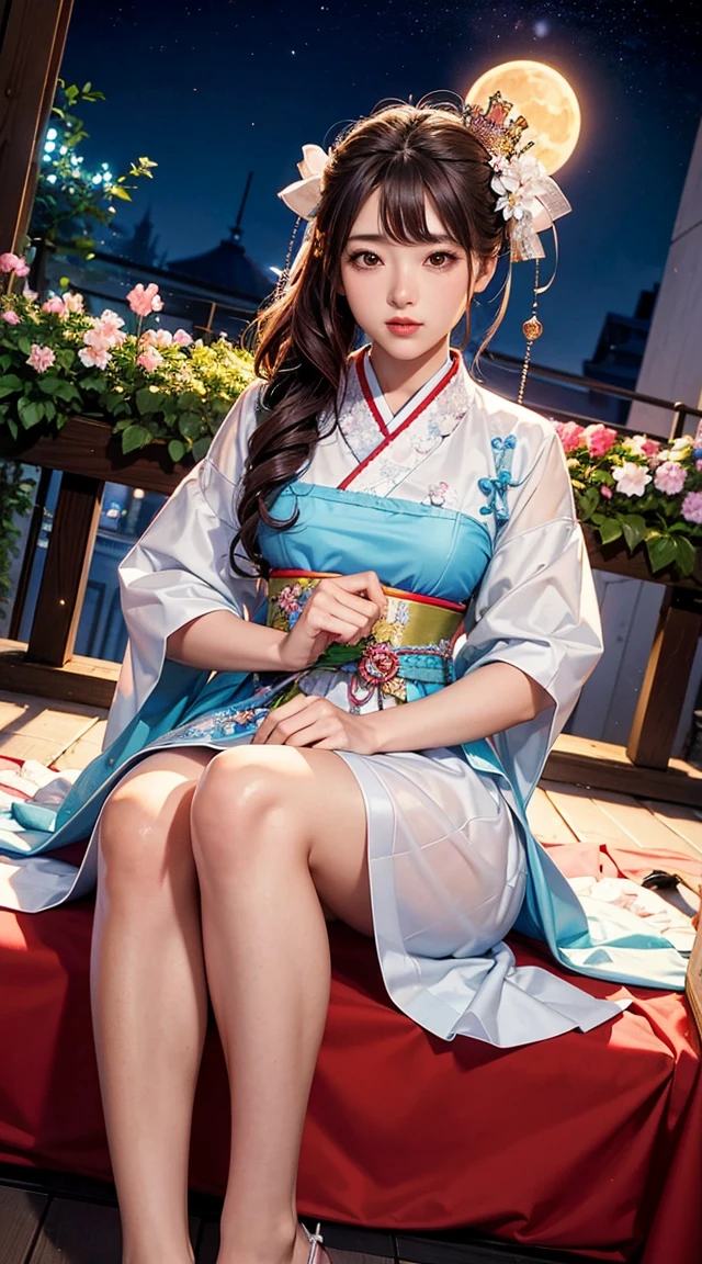 Highest quality, expensive_solve, clear_image, Detailed Background ,girl, hanbok,flower,garden,moon, night,Dutch Angle, Wide Shot, Crown,