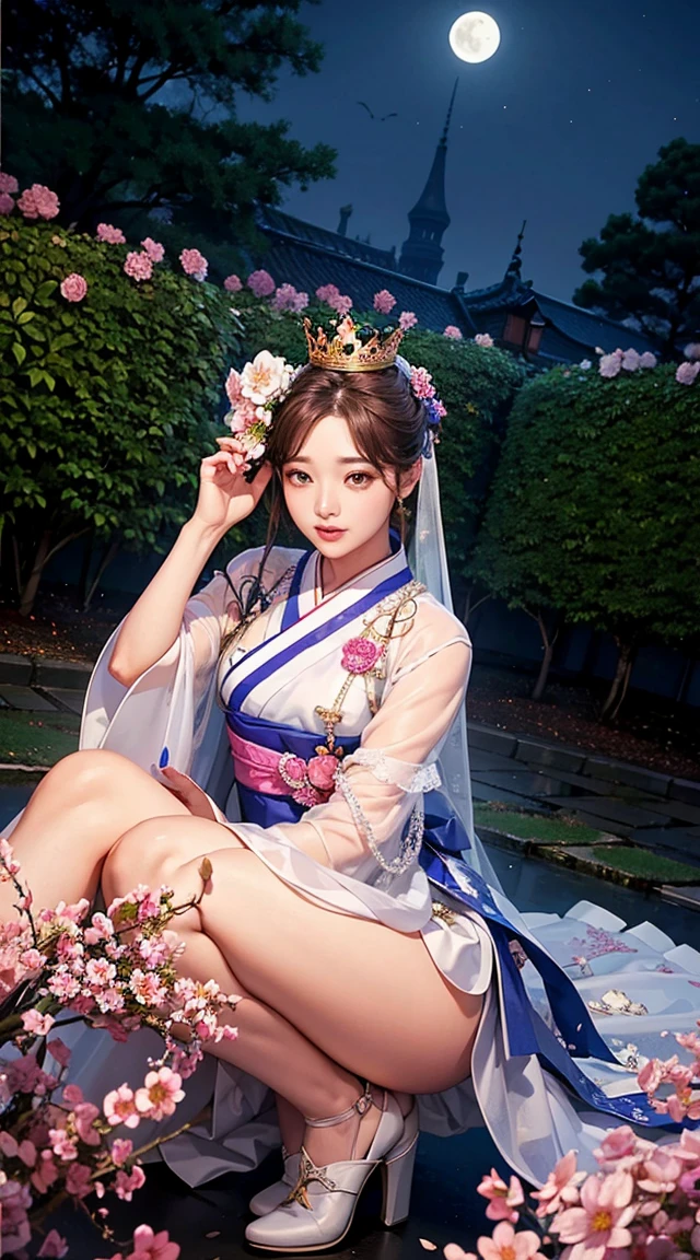 Highest quality, expensive_solve, clear_image, Detailed Background ,girl, hanbok,flower,garden,moon, night,Dutch Angle, Wide Shot, Crown,