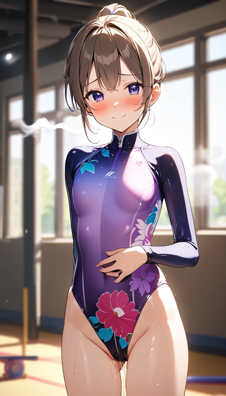 expensivequality illustration, masterpiece, Very delicate and beautiful, Attractive girl,(Gymnastics leotard, Floral print leotard,キラキラ輝く装飾が施されたLong sleeve leotard,expensive_Leg leotard,athletic leotard,tight-fitting leotard,Gradient leotard,Long sleeve leotard),thin,Slender body,slim,expensive school,Gymnasium background,Gymnastics Club,Gymnast,Princess, Beautiful Eyes,A light smile,(masterpiece, Highest quality:1.2), expensiveres, 非常に詳細な CG ユニティ 8K 壁紙, Perfect lighting, colorful, ultra-expensive res,4K,Super detailed, photograph, 8K, High resolution, , (Pussy juice:1.2), (Embrace your chest)、(shy:1.4)、 (vapor:1.1), (Embarrassing:1.3)、(Pussy juice:1.2)、(blush:1.3)、Get wet、I&#39;m very excited