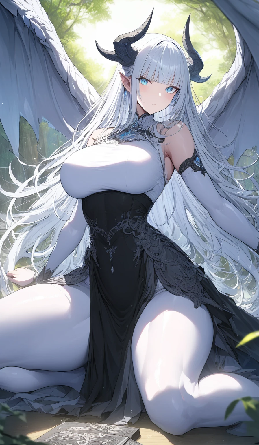 Masterpiece, very detailed, ultra detailed, one, (1 woman), she is in a Closed royal dress with black details, in a stable and fighting position, long hair, straight hair and straight bangs, bright white hair, with white demonic horns and white dragon wings, athletic body, six packs of press, large breasts(big), beautiful, charming, light blue eyes, elegant, neutral face, charming, charming, against the background of nature and forest.