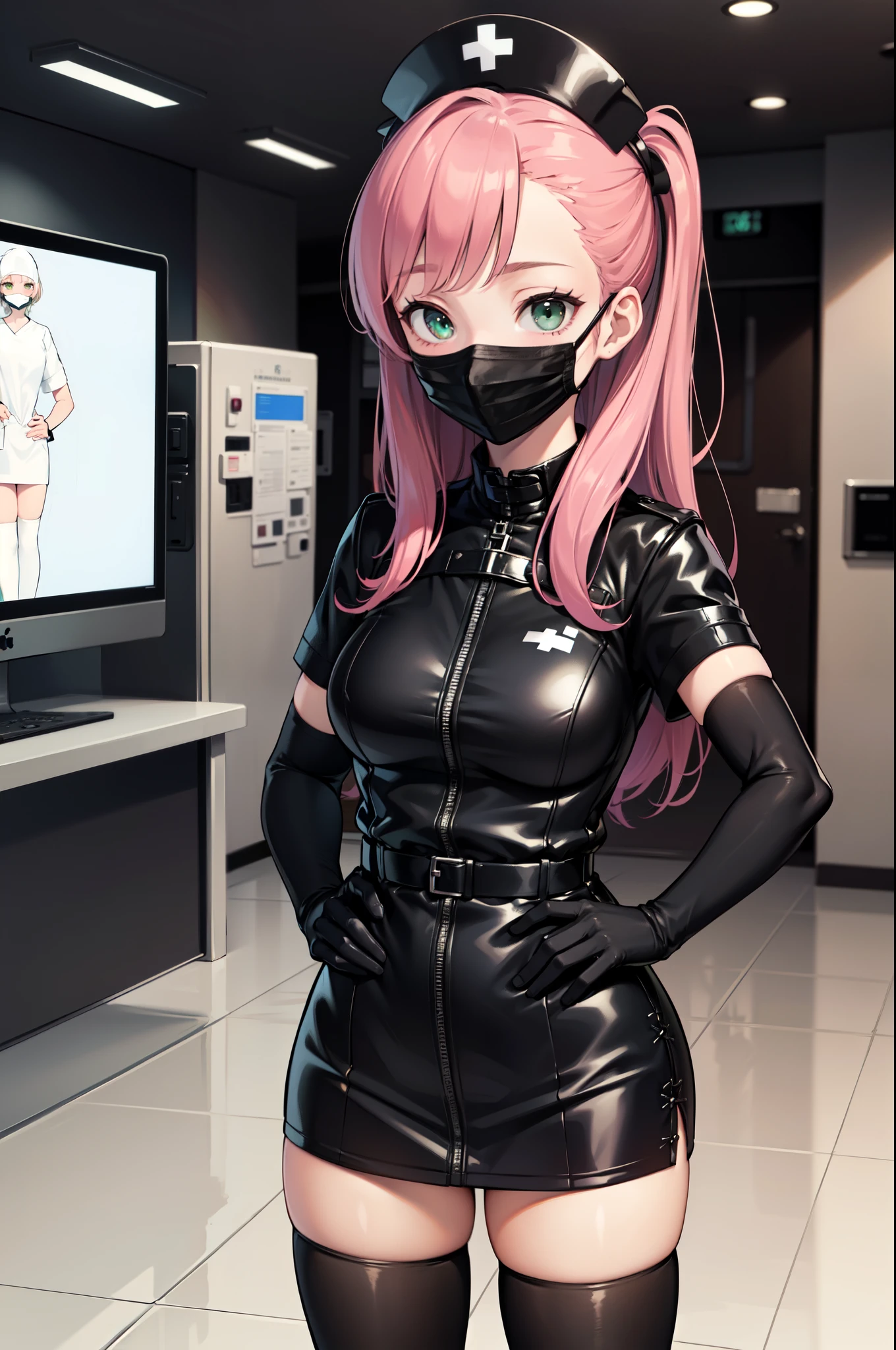 black nurse, 1woman, solo, black nurse cap, black nurse uniform, ((black legwear, zettai ryouiki)), black elbow gloves, pink hair, green eyes, drooping eyes, ((black surgical mask, covered nose)), standing, ((surgery room)), sharp outline, short sleeves, mature female, 32 years old, best quality, masterpiece