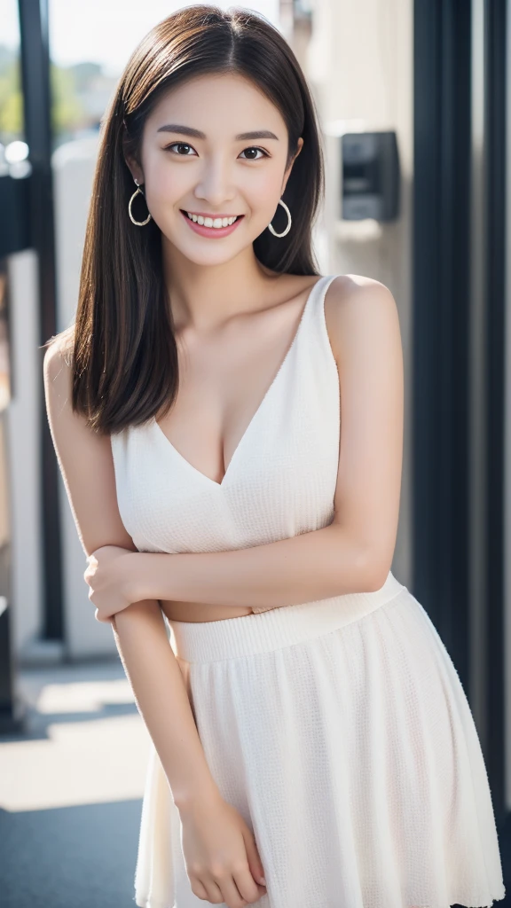 masterpiece, best quality, ultra high res, ultra detailed, sharp focus, 1girl, solo, a stunning pretty and beautiful Japanese sexy model, 19yo, looking at viewer:1.3, (bright smile:0.6), wearing a (blouse), dusk, sunset, night, realistic, slender, (standing:1.1), (looking at the viewer:1.3), sexy gaze, blush, asymmetrical bangs, light brown hair, ((naked、smile:1.1、Bob Short Hair:1.5、Narrow waist、Thin thighs、Nipples protruding、White tank top))