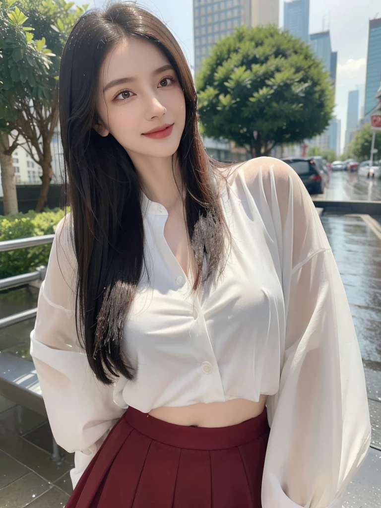 ((best quality, 8K, masterpiece: 1.3)),upper body,Black-rimmed celluloid glasses,Black Hair, black eye,sharp focus: 1.2, beautiful woman: 1.4, ((medium hair: 1.2)),(Silk darkmagenta long skirt、White long sleeve blouse with lace), (wet from rain: 1.3), (rain, street: 1.2), wet body: 1.2, Highly detailed face and skin texture, detailed eyes, double eyelids, White skin,E cup,smile,Financial district of the big city,Skyscraper,White skin,Wet Hair、Wet Skin、Wet clothes、smile、