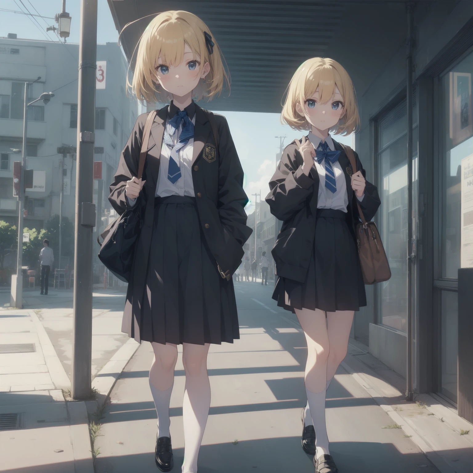ultra-absurdres-Top quality by artist God, ultra-detailed, high resolution, anime moe artstyle, best anime 8k konachan wallpaper, pixiv contest winner, pool:2810, perfect anatomy,break, 1girl, (Please draw a girl walking sleepily to school alone. )break,(Solo,little female, 13-year-old:1.3),Full limbs, complete fingers,a junior high school student, (very short hair), short cut, flat chest, , small butt, small black eyes, beautiful detailed eyes, well-proportioned iris and pupils, expressive eyes, highres detailed hair, soft expression, salor school_uniform, sailor collar, serahuku, bow, pleated skirt,(Detailed Lighting), (Detailed background), in the School commute route. break,super detailed skin, Best cinematic lighting powered by famous artist, 8k,beauty illustration,photoshop_(medium),very aesthetic,break,((artist:gomashio_(goma_feet) )), artist:clamp ,artist:carnelian ,artist:kantoku ,