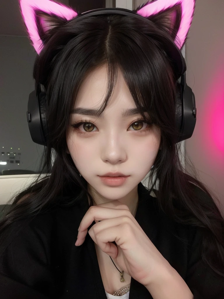 Mujer arafed with headphones y una diadema de gato posando para una foto, Girl with cat ears, ulzzang, e - girl, e-chica, wearing cat ear headphones, kanliu666, cruel korean gothic girl, lindocore, woman with cat ears, korean girl, with headphones, pale korean adorable face, anime Girl with cat ears