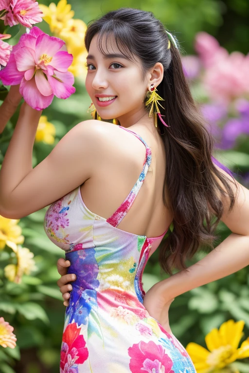 (masterpiece、highest quality、highest quality、official art、beautiful beautiful:1.2)、(1 girl:1.3)、smile gently、very detailed、(fractal art:1.1)、(colorful:1.1)(Floral:1.3)、most detailed、(tangled:1.2)、beautiful face、detailed face、perfect proportions、burst chest、big breasts thin waist、belly button、big ass、gap between crotches、thick tight、(dynamic pose)、(abstract background:1.3)、(qipao dress:1.2)、(shiny skin)、(lots of colors:1.4)、、(earrings:1.4)、1 female