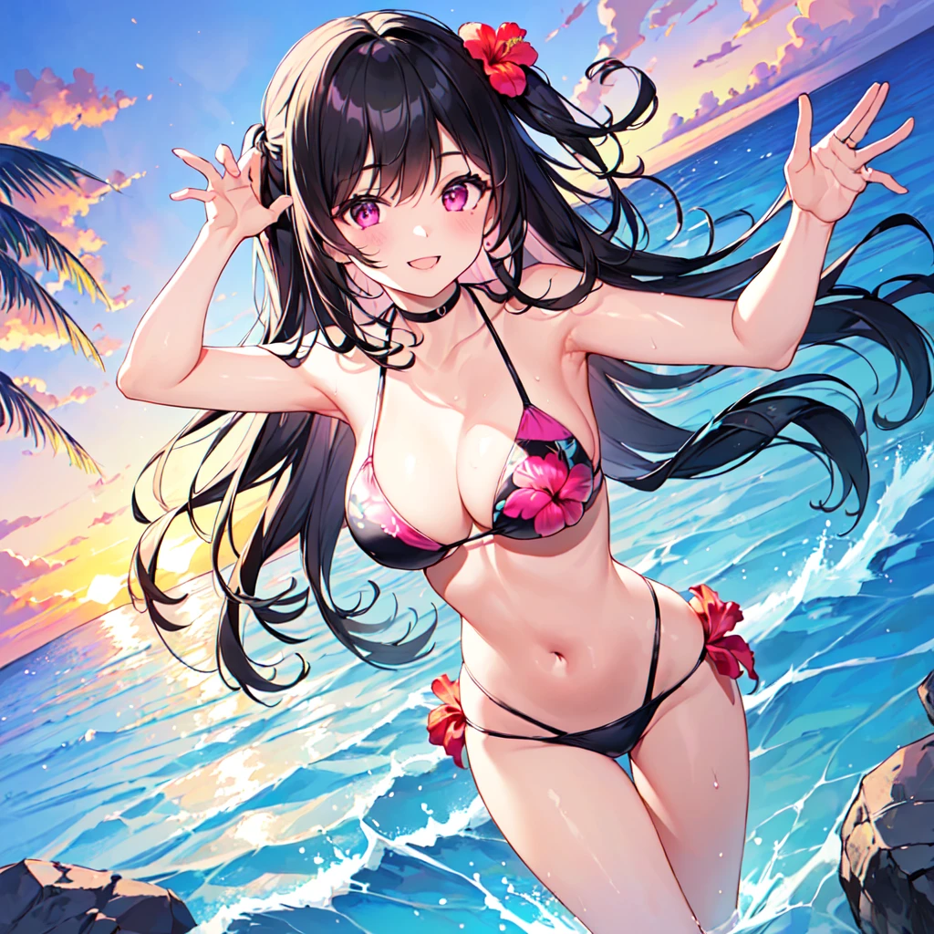 masterpiece, best quality, high quality, extremely detailed, very delicate and beautiful, (1 female 18 years old solo:1.5), (long black hair up to waist with two side up:1.5), bangs to eyebrows, eyes (eyes sharp, strong glossy glossy eyes, eyebrows glossy, (eye color magenta:1.3), 6.5 head height, (bikini swimsuit with hibiscus print:1.3), (floating on back in sea), (smiling), (dynamic pose), (background tropical sea:1.3), (sunset: 1.3)