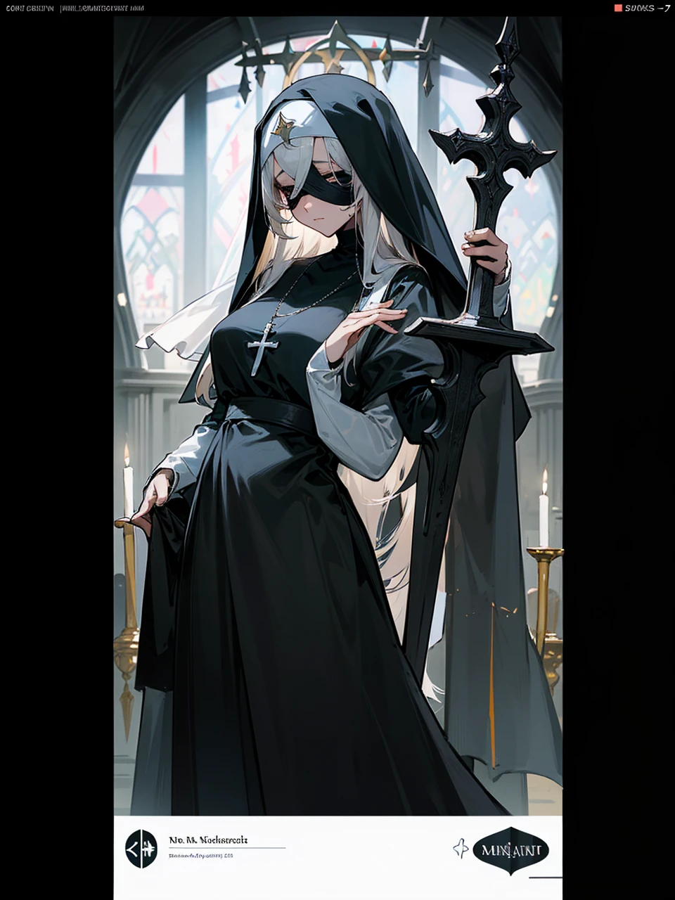 a nun with a blindfold and a modest black church nun outfit, with some silver jewelry, she also wears a long see through veil on her head, with a faded sliver star shaped halo at the back, she is holding her hands together symbolizing a prayer gesture.