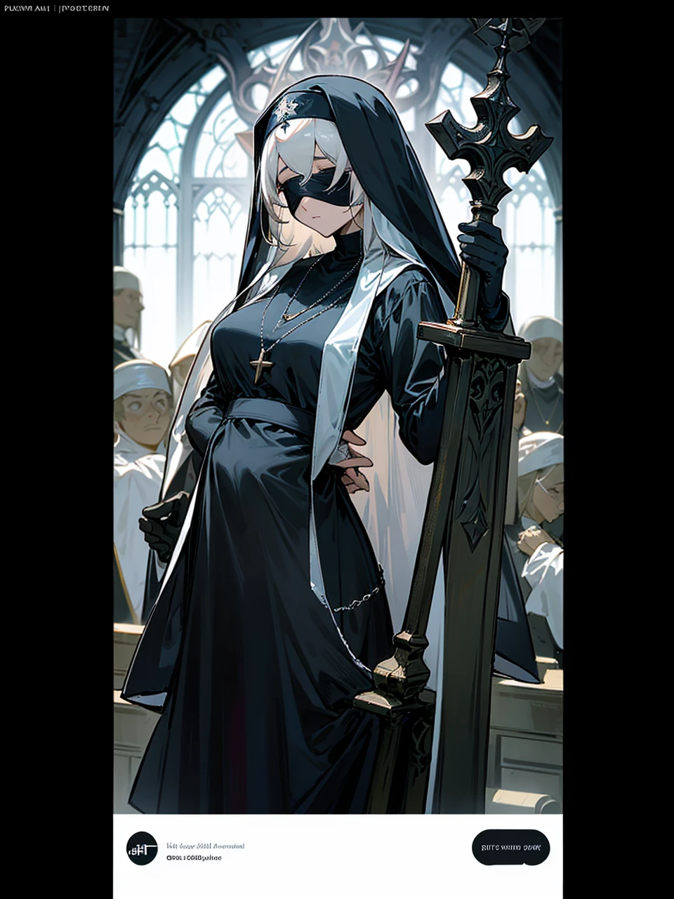 a nun with a blindfold and a modest black church nun outfit, with some silver jewelry, she also wears a long see through veil on her head, with a faded sliver star shaped halo at the back, she is holding her hands together symbolizing a prayer gesture.