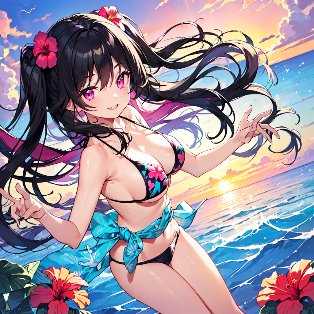 masterpiece, best quality, high quality, extremely detailed, very delicate and beautiful, (1 female 18 years old solo:1.5), (long black hair up to waist with two side up:1.5), bangs to eyebrows, eyes (eyes sharp, strong glossy glossy eyes, eyebrows glossy, (eye color magenta:1.3), 6.5 head height, (bikini swimsuit with hibiscus print:1.3), (floating on back in sea), (smiling), (dynamic pose), (background tropical sea:1.3), (sunset: 1.3)