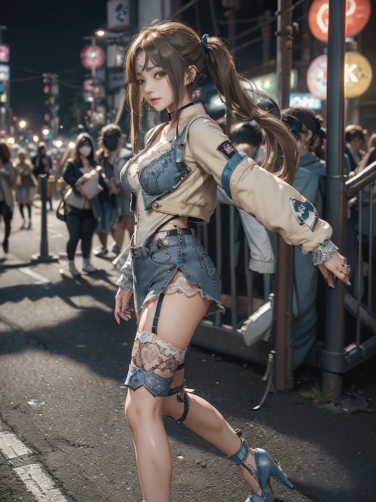 (Full Body View:1.3)、(Side view:1.2)、(Smiling with teeth showing:1.3),(Shibuya Gal:1.5)、(Hostess:1.4)、(Neo-goth fashion:1.5)、(Punk RockVisual Kei:1.3)、(Futuristic bodysuit in white, beige and denim with embellishments:1.5)、(A delicate short jacket in denim, beige and navy:1.5)、(Denim garter belt:1.5)、(Tattered denim and a white micro mini skirt:1.3)、(Heart-shaped silver accessories:1.5)、(Brown Skin Belt:1.4)、(Blue High Heels:1.4)、(Lace patterned underwear:1.4)、20-year-old、NSFW,((Highest quality、In 8K、masterpiece:1.3))、Sharp focus:1.2、(Layered Cut、Huge boobs:1.1),Beautiful woman with perfect figure:1.4、(Doing an aerobics pose:1.3)、Slender Abs:1.2、Butt、Highly detailed face and skin texture、Detailed eyes、double eyelid,(Twin tails:1.3)、(Brown-golden hair:1.3)、Obscene、Gravure idol、(Luxurious amusement park at night:1.3)、(Make your legs thinner:1.4)、(Thin thighs:1.4)、(Slim body:1.3)、(clavicle:1.1)