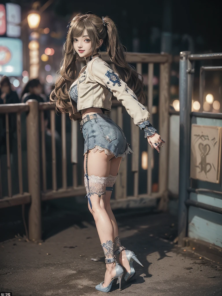 (Full Body View:1.3)、(Side view:1.2)、(Smiling with teeth showing:1.3),(Shibuya Gal:1.5)、(Hostess:1.4)、(Neo-goth fashion:1.5)、(Punk RockVisual Kei:1.3)、(Futuristic bodysuit in white, beige and denim with embellishments:1.5)、(A delicate short jacket in denim, beige and navy:1.5)、(Denim garter belt:1.5)、(Tattered denim and a white micro mini skirt:1.3)、(Heart-shaped silver accessories:1.5)、(Brown Skin Belt:1.4)、(Blue High Heels:1.4)、(Lace patterned underwear:1.4)、20-year-old、NSFW,((Highest quality、In 8K、masterpiece:1.3))、Sharp focus:1.2、(Layered Cut、Huge boobs:1.1),Beautiful woman with perfect figure:1.4、(Doing an aerobics pose:1.3)、Slender Abs:1.2、Butt、Highly detailed face and skin texture、Detailed eyes、double eyelid,(Twin tails:1.3)、(Brown-golden hair:1.3)、Obscene、Gravure idol、(Luxurious amusement park at night:1.3)、(Make your legs thinner:1.4)、(Thin thighs:1.4)、(Slim body:1.3)、(clavicle:1.1)