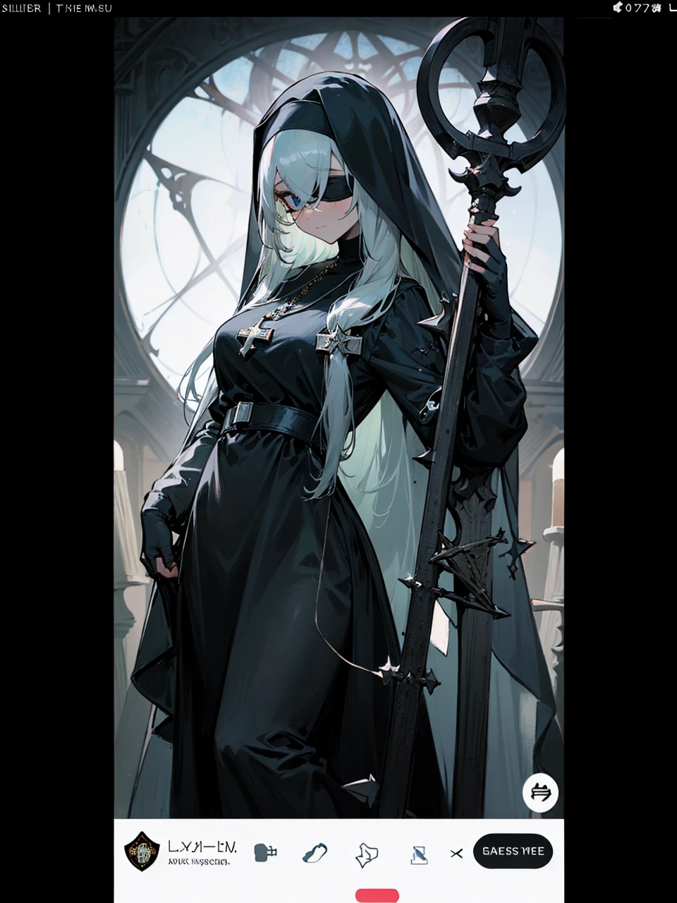 a nun with a blindfold and a modest black church nun outfit, with some silver jewelry, she also wears a long see through veil on her head, with a faded sliver star shaped halo at the back, she is holding her hands together symbolizing a prayer gesture.