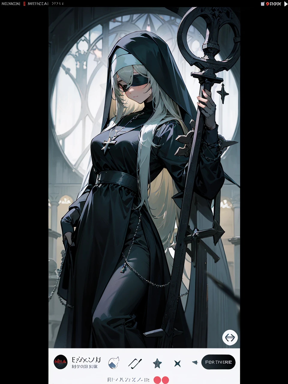 a nun with a blindfold and a modest black church nun outfit, with some silver jewelry, she also wears a long see through veil on her head, with a faded sliver star shaped halo at the back, she is holding her hands together symbolizing a prayer gesture.