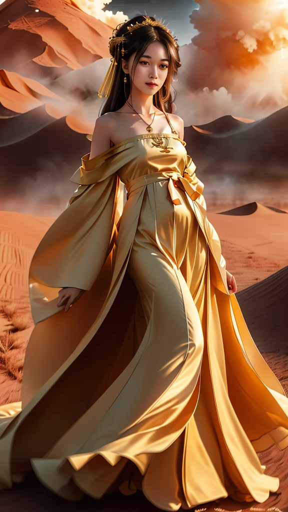 Girl in traditional Chinese clothing, Hanfu, Guzhen Hanfu women, White Hanfu,(long straight black hair:1.5), black eyes, black bun hairstyle, hair accessories ,gold long earrings, , Dia Necklace, Clear eyes, Facing forward,put on makeup, Long eyelashes ,(black long shoulder coat:1.8), (Very long skirt, black:1.5), ((Whole body covering)), Clear face, hair accessoriesจำนวนมาก , (Very beautiful face, Beautiful mouth, beautiful eyes), detailed face, ((Ultra-fine skin)), In the dark, deep shadows, an ancient Chinese girl (Very slim figure 1.3) ,Plump breasts, elegant posture , There is a red flower spot on the forehead. , pointing at the camera, (desert storm:1.9),(nighttime:1.2) , There is a beam of light, the belly coming out of the body.
