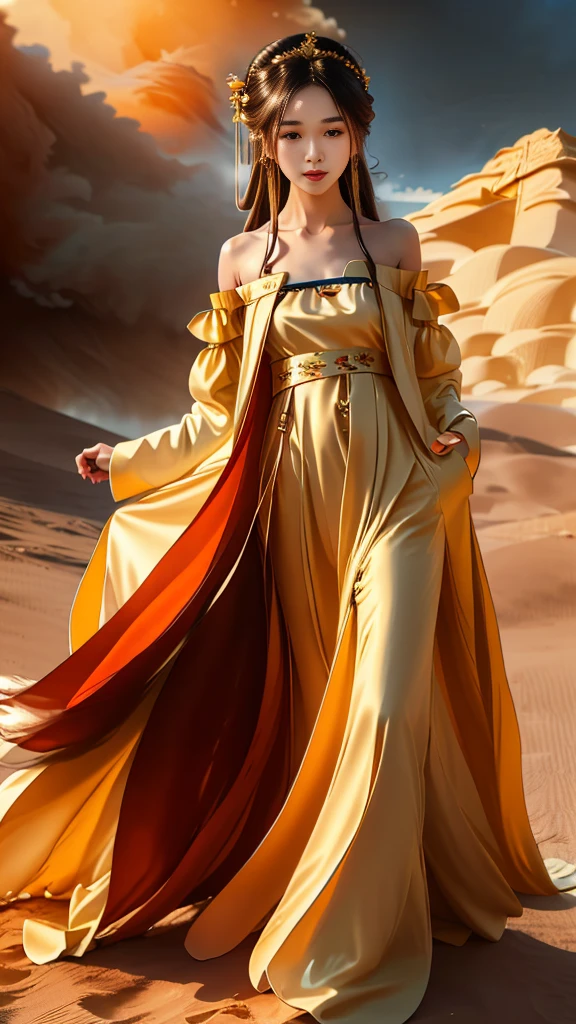 Girl in traditional Chinese clothing, Hanfu, Guzhen Hanfu women, White Hanfu,(long straight black hair:1.5), black eyes, black bun hairstyle, hair accessories ,gold long earrings, , Dia Necklace, Clear eyes, Facing forward,put on makeup, Long eyelashes ,(black long shoulder coat:1.8), (Very long skirt, black:1.5), ((Whole body covering)), Clear face, hair accessoriesจำนวนมาก , (Very beautiful face, Beautiful mouth, beautiful eyes), detailed face, ((Ultra-fine skin)), In the dark, deep shadows, an ancient Chinese girl (Very slim figure 1.3) ,Plump breasts, elegant posture , There is a red flower spot on the forehead. , pointing at the camera, (desert storm:1.9),(nighttime:1.2) , There is a beam of light, the belly coming out of the body.