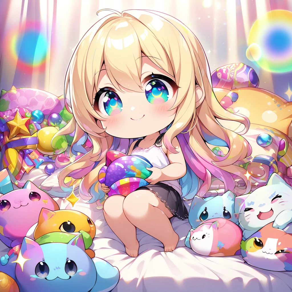 masterpiece, best quality, 4k、2D illustration、one beautiful girl、solo、(((chibi style)))、((vivid colors))、cute chibi、lovely chibi、long beautiful hair, glossy blonde hair, hair between eyes, cute、beautifully detailed eyes、((tank top))、((miniskirt))、((colorful))、((happy smile))、sitting on bed、((full body shot))、((kitten)), ((lots of colorful stuff around))、((bed))、sparkle、((lens flare))、
