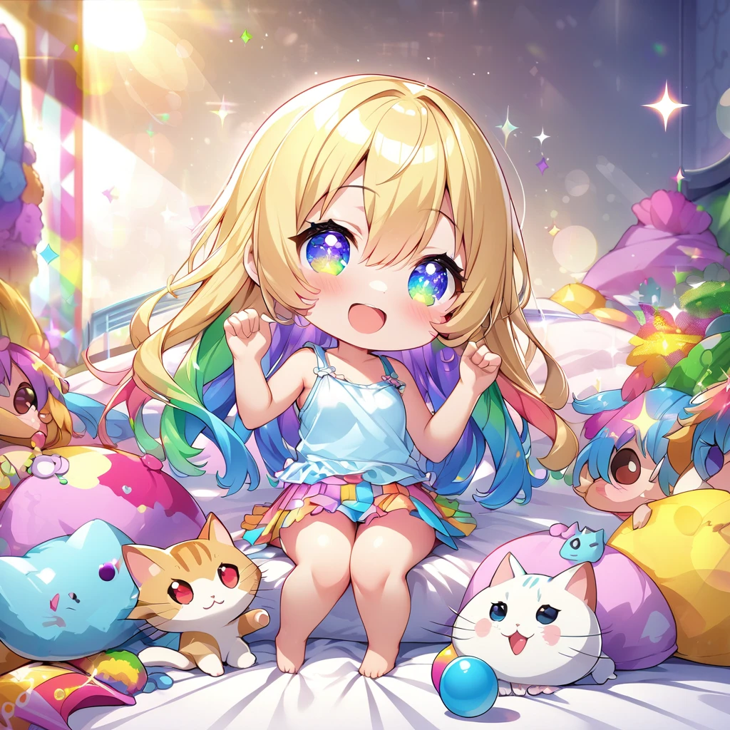 masterpiece, best quality, 4k、2D illustration、one beautiful girl、solo、(((chibi style)))、((vivid colors))、cute chibi、lovely chibi、long beautiful hair, glossy blonde hair, hair between eyes, cute、beautifully detailed eyes、((tank top))、((miniskirt))、((colorful))、((happy smile))、sitting on bed、((full body shot))、((kitten)), ((lots of colorful stuff around))、((bed))、sparkle、((lens flare))、