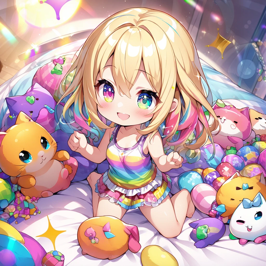 masterpiece, best quality, 4k、2D illustration、one beautiful girl、solo、(((chibi style)))、((vivid colors))、cute chibi、lovely chibi、long beautiful hair, glossy blonde hair, hair between eyes, cute、beautifully detailed eyes、((tank top))、((miniskirt))、((colorful))、((happy smile))、sitting on bed、((full body shot))、((kitten)), ((lots of colorful stuff around))、((bed))、sparkle、((lens flare))、