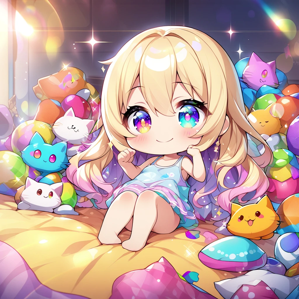 masterpiece, best quality, 4k、2D illustration、one beautiful girl、solo、(((chibi style)))、((vivid colors))、cute chibi、lovely chibi、long beautiful hair, glossy blonde hair, hair between eyes, cute、beautifully detailed eyes、((tank top))、((miniskirt))、((colorful))、((happy smile))、sitting on bed、((full body shot))、((kitten)), ((lots of colorful stuff around))、((bed))、sparkle、((lens flare))、