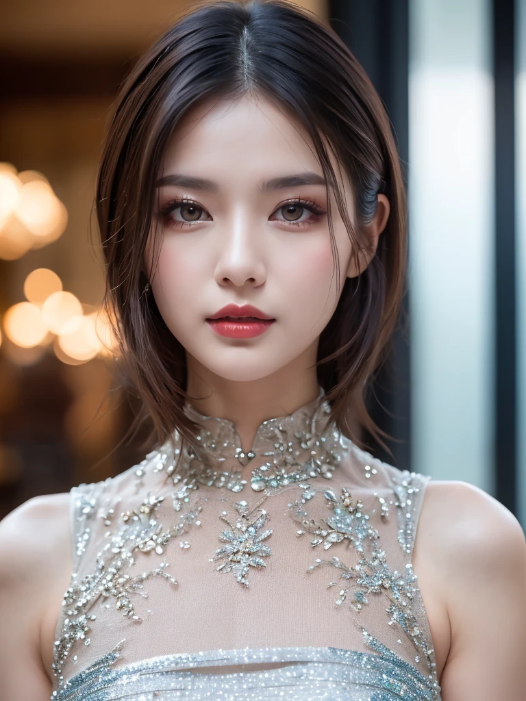 (Right eye dark red), (The left eye is dark blue), (((masterpiece))), (((best quality: 1.4))), ((Super detailed: 1.4)) , Lovely lady, Beautiful Chinese model, Translucent Dress, See-through dress, Gorgeous exotic features, Heterochromia of the Eyes:1.5,  Shiny silver hair, Highly detailed facial features, expressive face, Detailed texture, natural skin shader, Sexy Girls, Amazing, bodycon dress, Japanese model, Volumetric, warm tones under her skin, Eyeshadow、professional makeup、Gorgeous makeup、Portrait、Sharp eyes、Ultra-high resolution full-body photo、