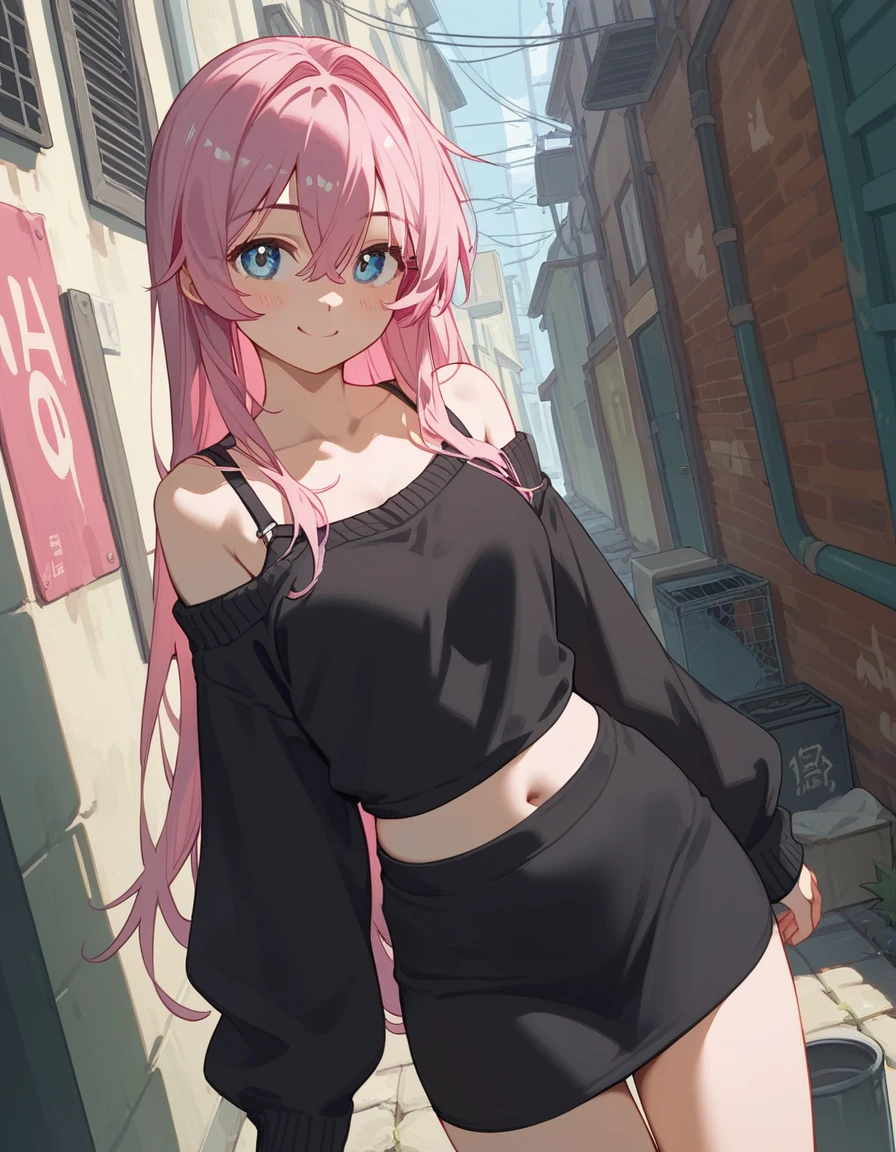 One girl, Shikimori-san, Pink Hair, Long Hair, blue eyes, Hair between the eyes, bangs, blush, compensate, smile, chest, Black sweater, Bare shoulders, No sleeve, skirt, View your viewers,Bare Belly,Secretly showing off her bra,masterpiece, Highest quality,nsfw,Alley,