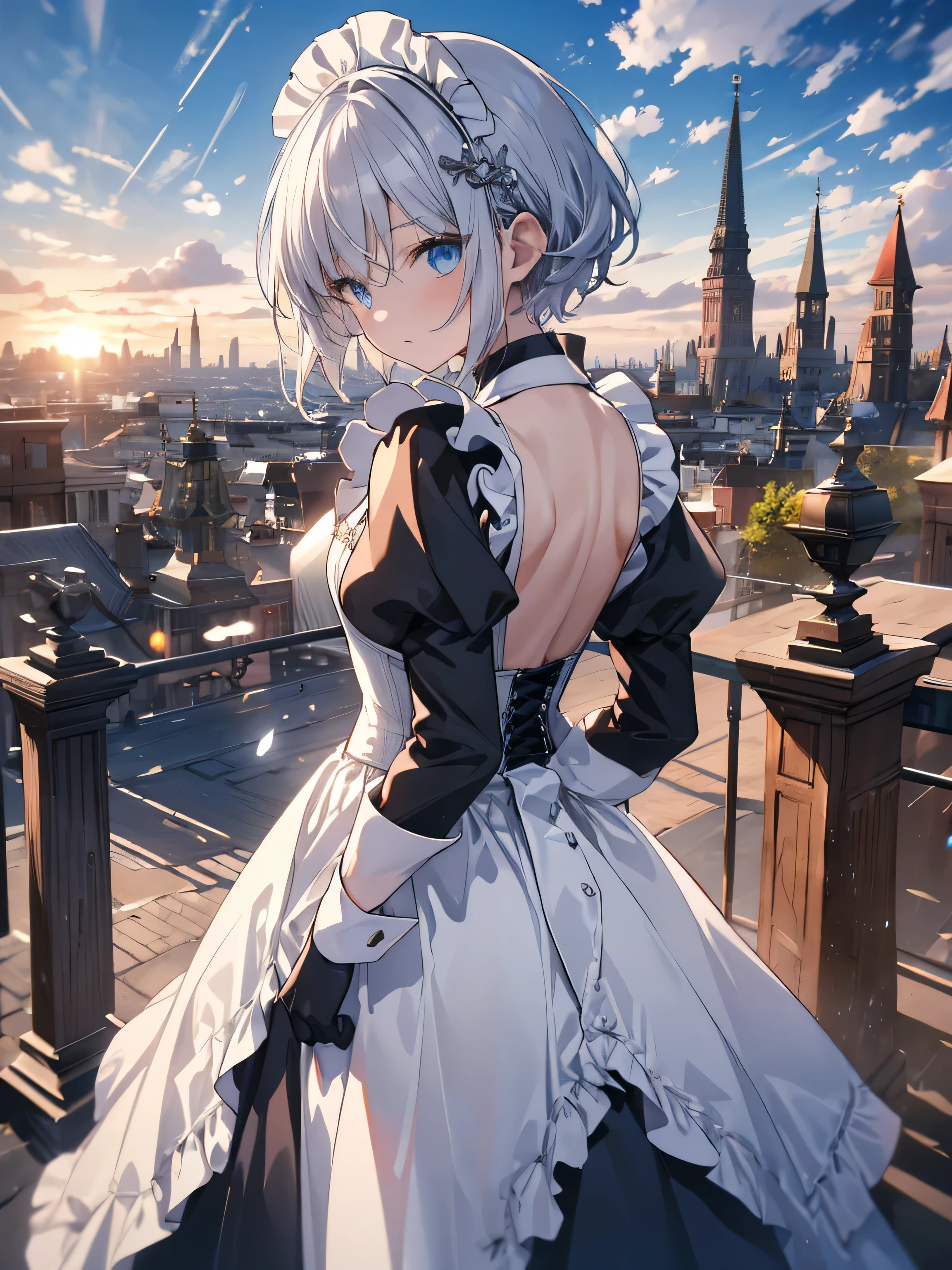 Illustration of one person, Dengeki Bunko, Woman Looking Back, Perfect Human Medicine, Woman keeps falling, {{{{{Maid clothes}}}}},,アニメ, two legs, Cool,{{{{{50 year old woman}}}}} ,{{{{{a person is depicted}}}}},(Official Art、{{{{{Upper Bodyアングル}}}}},Highest quality、Unity 8k wallpaper、32k、masterpiece、Ultra-detailed、Ultra-high resolution, Realistic、Grab your hair with your hands, Photorealistic:1.2)、(Cinema Lighting:1.2)、,Fire Glow Effect、The most grainy shadows on the film、Rim Light、Side light、Side Shot、(Ultra-detailed and intricate 3D rendering)、Very short hair, Short wolf hair,Beautiful face and eyes in every detail、Sharp pupils、Realistic students、slender、white maid hat, Highly detailed background、Beautiful Face、Beautiful 16 year old girl、(Ultra-detailedなスキン、Detailed skin texture:1.Silver Hair:1.3)、Blunt bangs、blue eyes、{{{{{黒いMaid clothes}}}}}、White apron costume、Black knee socks、(Thighs Thighs Thighs Thighs:0.8)、Black Bhutanese sticks and a beautiful sunset、Medieval castle、Dancing on the Tower Roof、(avert your eyes、Overlooking the city:1.3)、Fantastic、Close your mouth and bite, Makes your face smaller, (Tabletop), Highest quality, Perfect Face, 1 Girl, alone, Eye color is light blue, Hair between the eyes, Very Short Hair, blue eyes, Silver Hair, Knee-high boots, corset,Black gloves, Long sleeve, Upper Body,