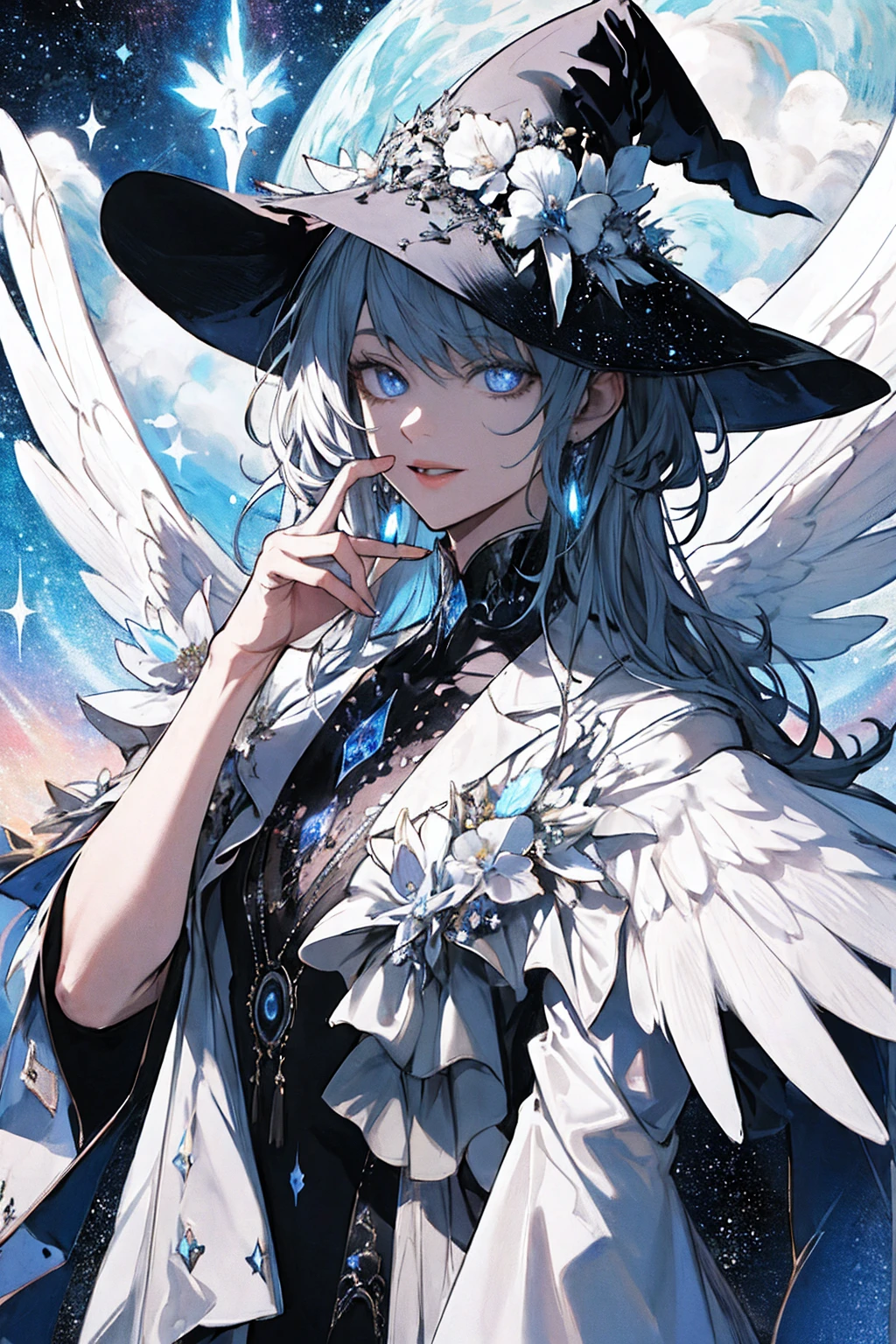 (Masterpiece), (Best Quality: 1.4), absurdities, [:intricate details:0.2],witch, angel wings, milky way, sky, bright aura, intense focus, crackling energy, mysterious symbols, bright specks,Paticulas,many details