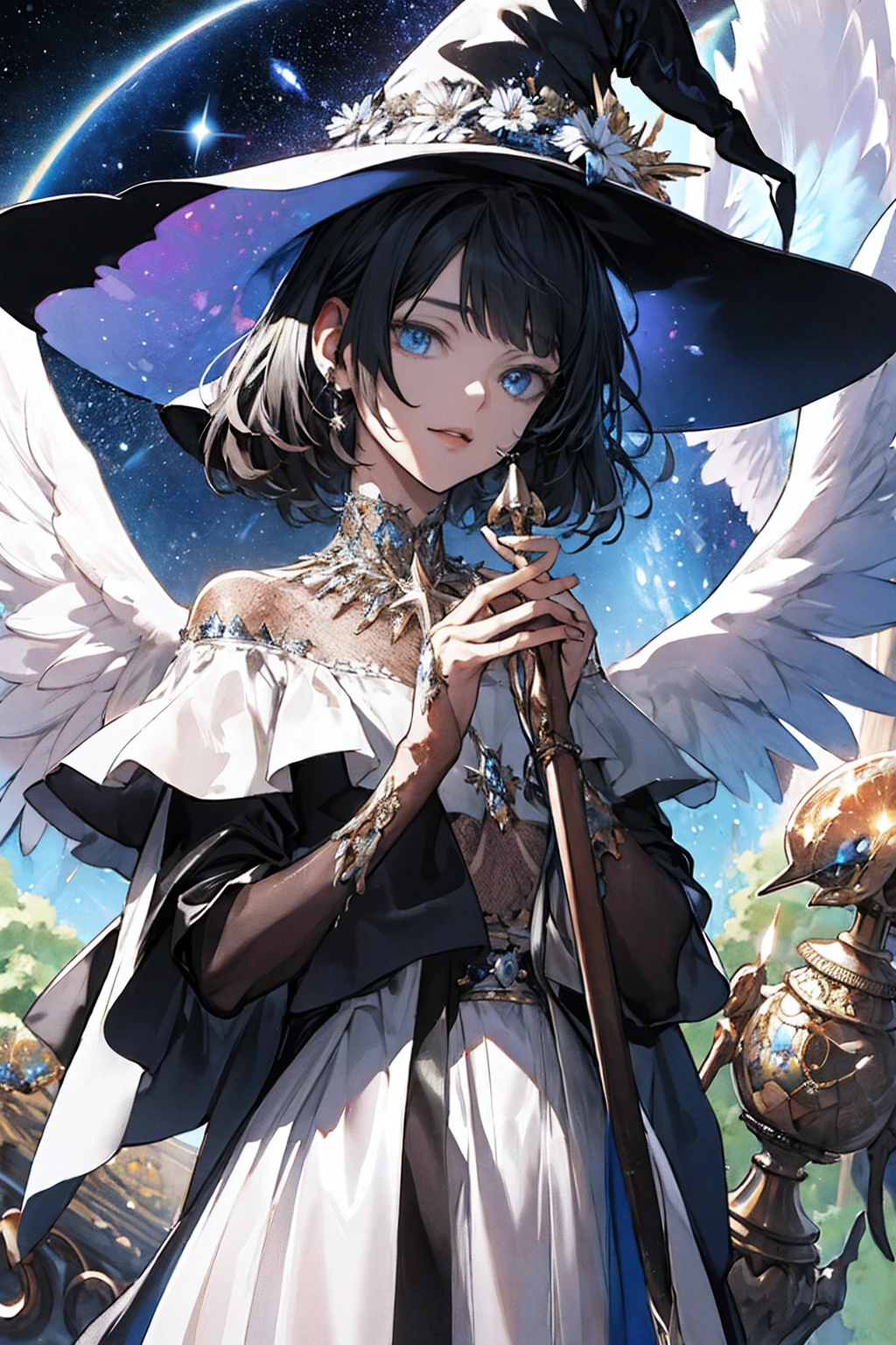 (Masterpiece), (Best Quality: 1.4), absurdities, [:intricate details:0.2],witch, angel wings, milky way, sky, bright aura, intense focus, crackling energy, mysterious symbols, bright specks,Paticulas,many details