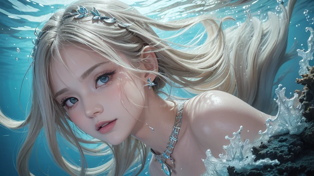 (Highest Quality Realistic Textured Skin),(terrible),(OK, round, Symmetrical eyes),Delicate facial features,(Burning bright cold eyes),(She has a mischievous smile),(Her face is kind and beautiful),Glass earrings in the ears,,(blonde),(Silvery white hair),(Chestnut Hair),(Swim at the bottom of the ocean),(Full body portrait:1.5),(Dramatic Photos:1.4),(Dramatic Pose),(Flashy photos)(look up),(Looking down),(Around her neck is a simple necklace made with exquisite craftsmanship.),Cluttered photos,(Hair flowing in water:1.5),(Underwater, Life at sea, 美しいCoral Reef, fish),(Background vortices and currents),(Dramatic Light),(Nice views),(美しいfishに囲まれて),遠くの背景にはCoral Reefに沈んだ寺院が見える,Coral Reef,Spectacular realism,Cinematic atmosphere,(High-density image review:1.5),(Soft colors:1.2),Very detailed,Dramatic Light,(Intricate details:1.1),Complex background,