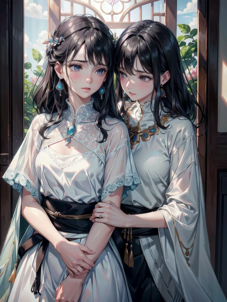 absurdres, RAW photo, extremely delicate and beautiful, masterpiece, Best Quality, ultra high resolution, 32k, hyperrealistic, ultra-detailed, delicate facial features, beautiful detailed woman, tearful mole, earring, medium breasts, full body shot, medium hair, black hair, 2 girls, yuri, (Tribe poncho),