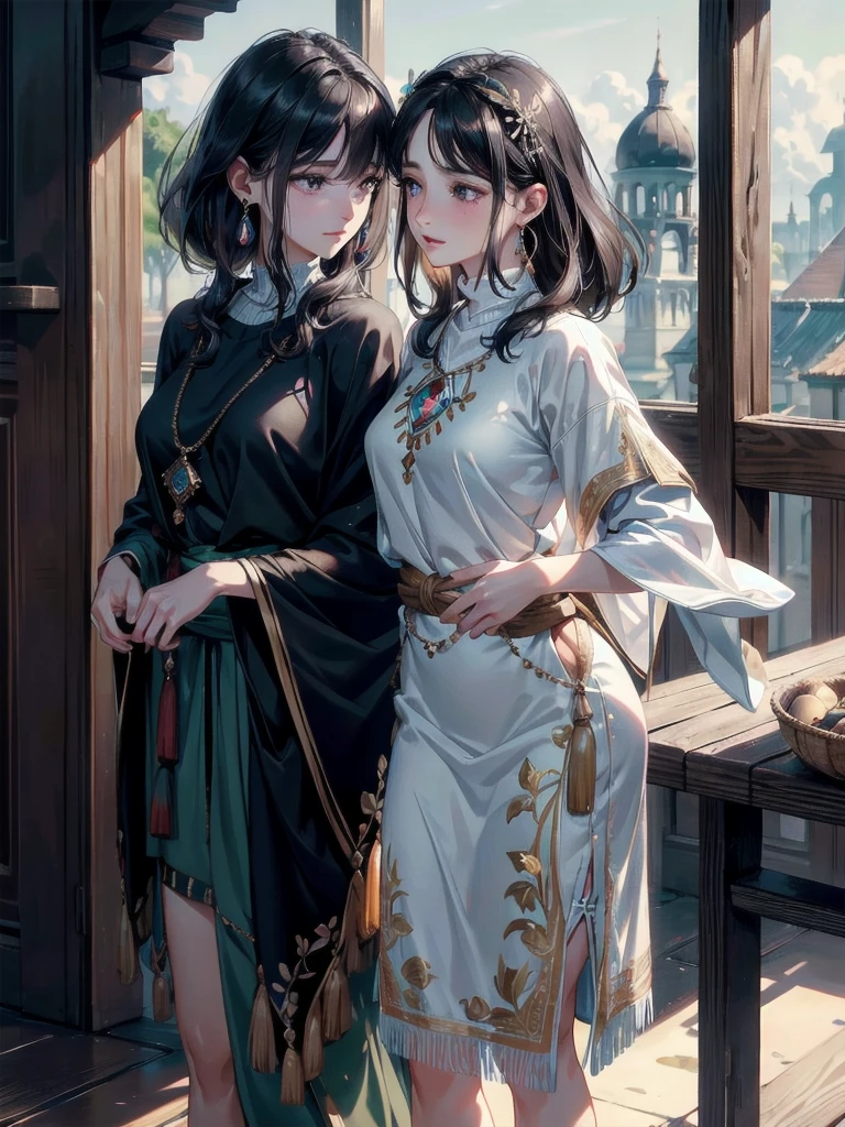absurdres, RAW photo, extremely delicate and beautiful, masterpiece, Best Quality, ultra high resolution, 32k, hyperrealistic, ultra-detailed, delicate facial features, beautiful detailed woman, tearful mole, earring, medium breasts, full body shot, medium hair, black hair, 2 girls, yuri, (Tribe poncho),