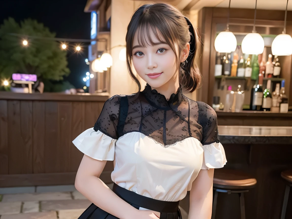 (Highest quality, masterpiece, Ultra-high resolution, 8K, RAW Photos, Realistic, Anatomically correct:1.5), 20-year-old girl:1.2, Embarrassing, avert your eyes, blush:1.0, View Viewer, ((bar)) 、Night view、 Light:1.2, Bokeh, Cinema Lighting:1.0, Depth of written boundary, sharp、 Cute face、Idol、Black short sleeve lace top、Black pleated skirt、Black clothing、”dwarf”、(Floral clothes)、(Full Body Shot)、Side angle、Cowboy Shot、 smile、(Ultra short hair、Short ponytail)、(Straight bangs)、((See-through))、(( One Girl))、Large Breasts、Waist、I can see your thighs、