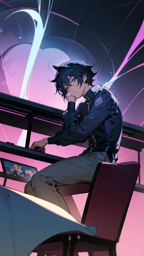 Anime man sitting at table with laptop and monitor., anime style 4k, anime wallpaper 4k, anime badass 8 k, manga wallpaper 4 k, anime boy, anime boy, anime wallpaper 4 k, anime wallpaper 4k, High quality anime art style, anime moe art style, Anime art wallpaper 8 k, Anime art wallpaper 4 k, RGB light,