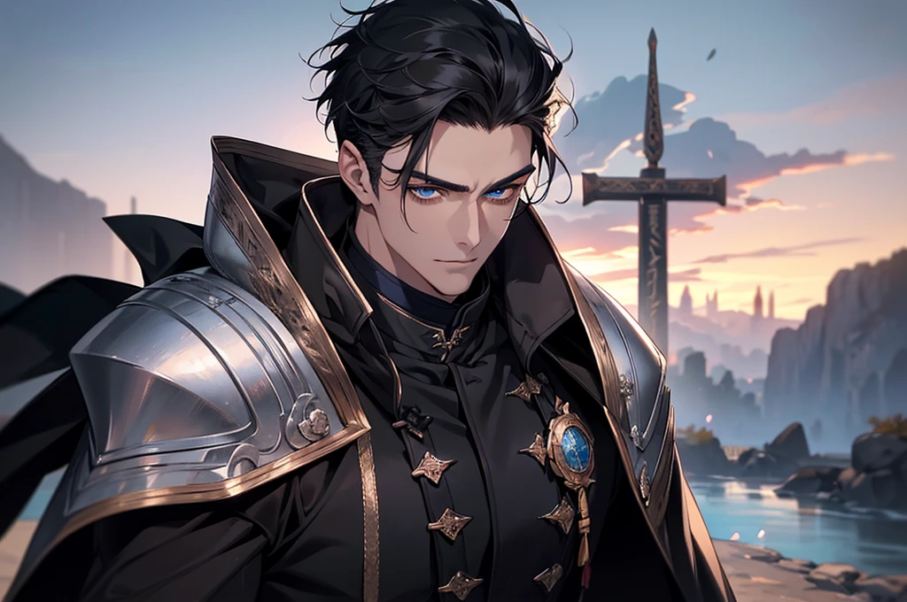 There was a knight up there., Masterpiece, Highest quality, war, cold weather, realistic, 1 person, mature man, A quiet and charming young man., 30 years old, Portrait, Highly detailed face, cool and smile, ((blue eyes)), ((black short hair)), [Thick eyebrows], holding a weapon (Crescent repeater),Lipo,Fang Tian Hua Ji, ((black long coat)), ((all black)), (blue eyes) ,Short Black Quiff Hair with Soft Fringe, handsome , muscle, Facial expressions, black knight armor ,Fang Tian Hua Ji, black wool shawl(Masterpiece,best quality,special, (Broad shoulders)) (muscle), focus man,holding a spear to pierce the sky, His black spear rose.., . Describe the man.&#39;Appearance., Details of his sword, Characteristics and characteristics of monsters, and convey the tension and power of the encounter..."
