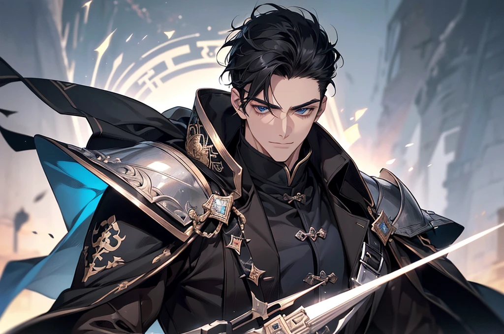 There was a knight up there., Masterpiece, Highest quality, war, cold weather, realistic, 1 person, mature man, A quiet and charming young man., 30 years old, Portrait, Highly detailed face, cool and smile, ((blue eyes)), ((black short hair)), [Thick eyebrows], holding a weapon (Crescent repeater),Lipo,Fang Tian Hua Ji, ((black long coat)), ((all black)), (blue eyes) ,Short Black Quiff Hair with Soft Fringe, handsome , muscle, Facial expressions, black knight armor ,Fang Tian Hua Ji, black wool shawl(Masterpiece,best quality,special, (Broad shoulders)) (muscle), focus man,holding a spear to pierce the sky, His black spear rose.., . Describe the man.&#39;Appearance., Details of his sword, Characteristics and characteristics of monsters, and convey the tension and power of the encounter..."