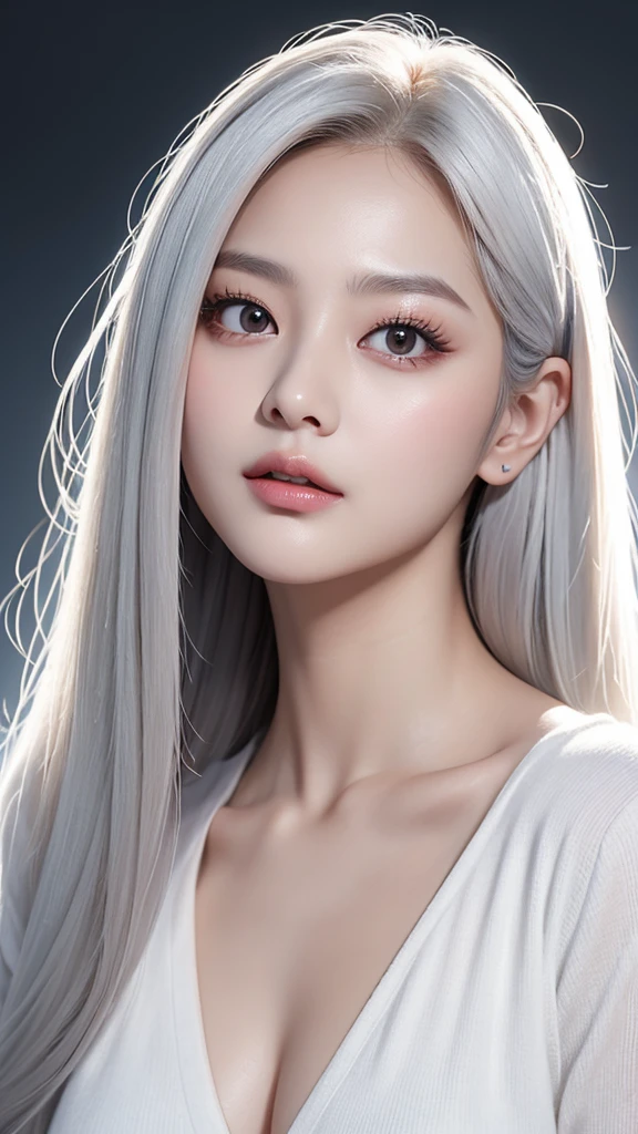 TWICE tzuyu,Attractive woman, pure white hair, long hair, sex appeal, lustrous, narrow eyes, small face, tall, slanted eyes, fair breasts