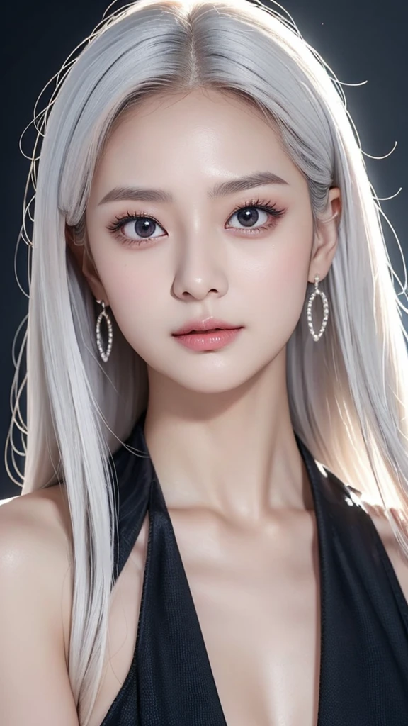 TWICE tzuyu,Attractive woman, pure white hair, long hair, sex appeal, lustrous, narrow eyes, small face, tall, slanted eyes, fair breasts